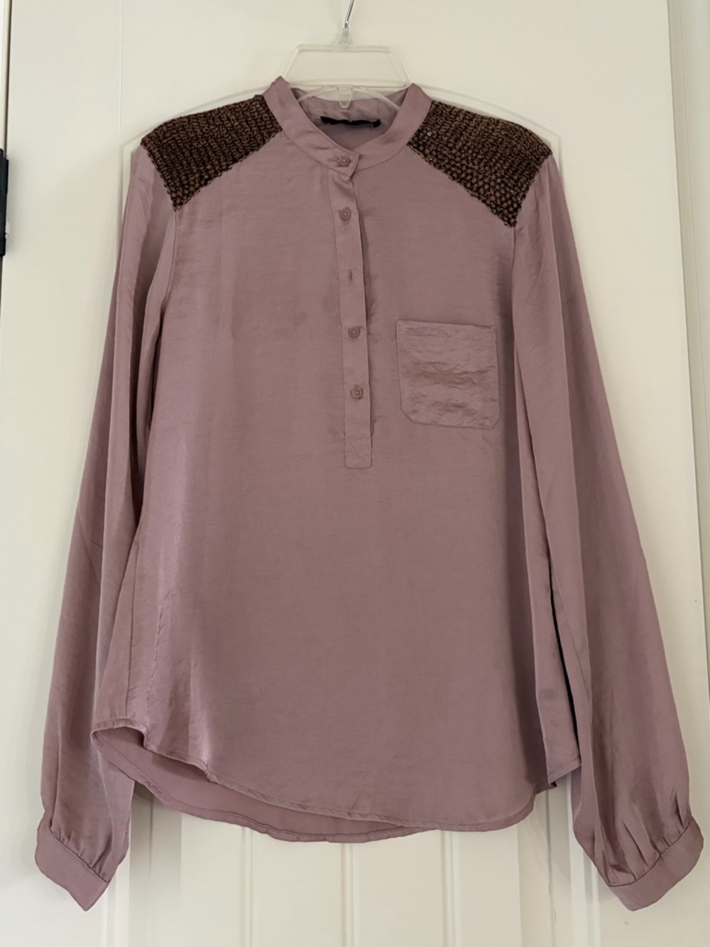 Joe's Jeans Mauve Button-Front Blouse with Brown Shoulder Detail